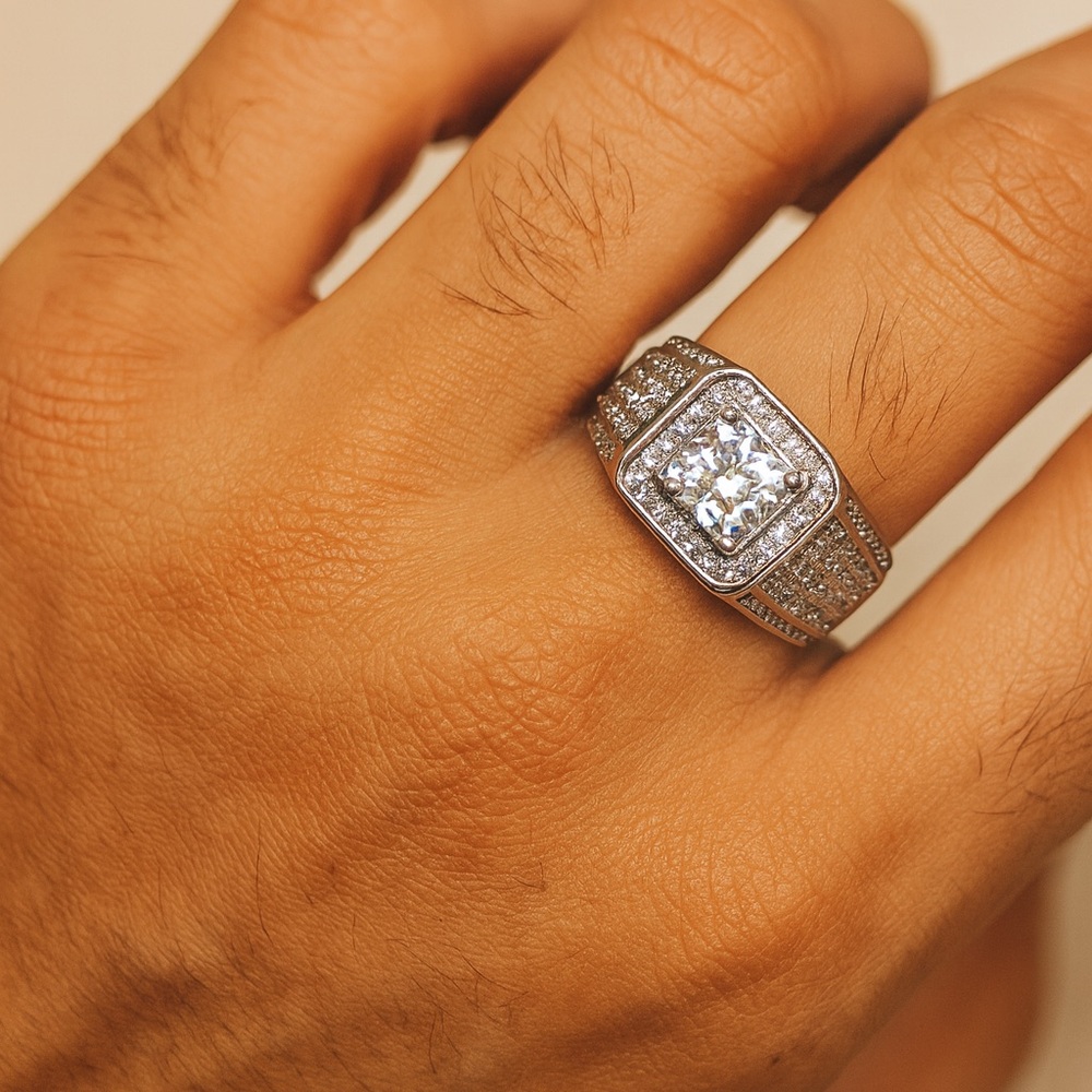 Men’s Moissanite Sterling Silver Ring | Square Halo Iced Out Band Size 9.5/10